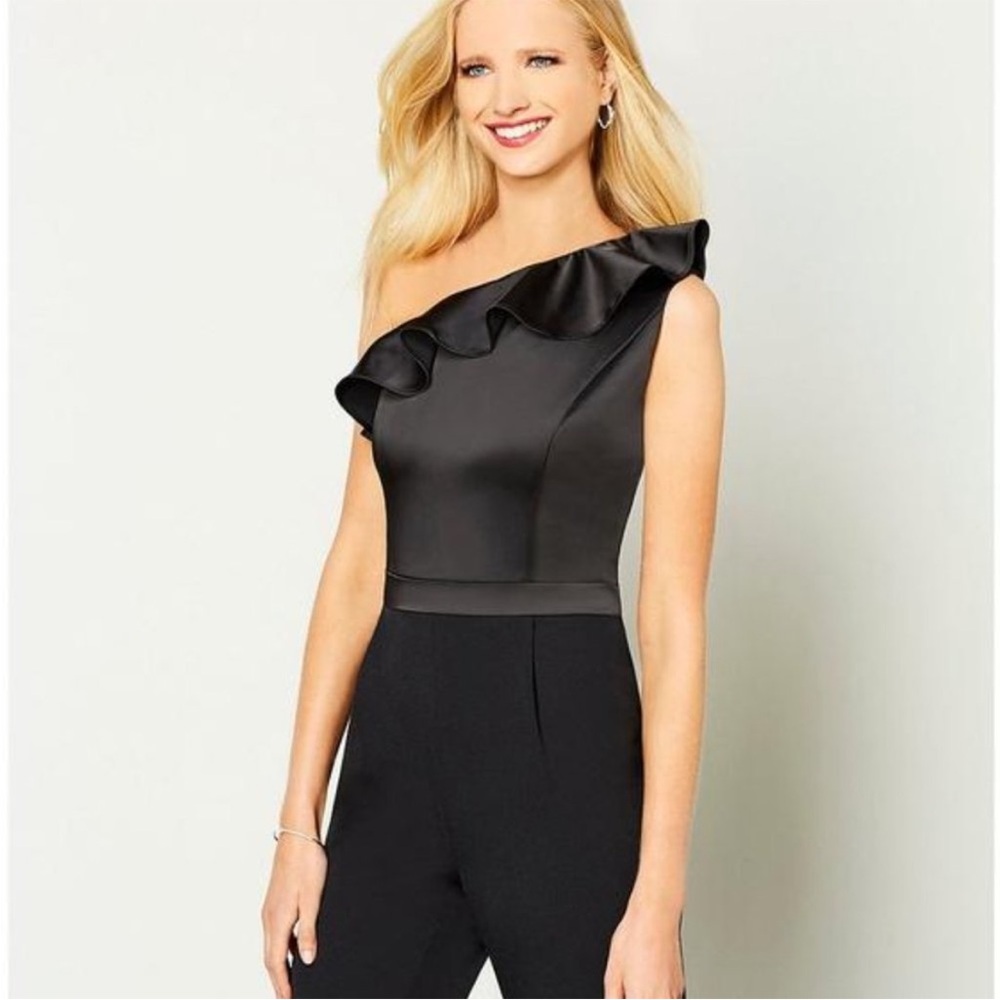 NWT Maggy London Black One-shoulder Ruffle Satin Jumpsuit Pantsuit Size 10